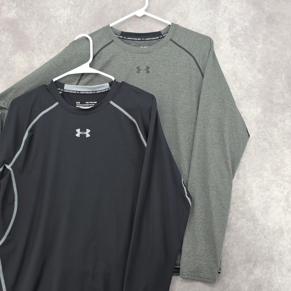 Under Armour HeatGear Mens XXL Long Sleeve Compression Shirt Black Gray Lot of 2